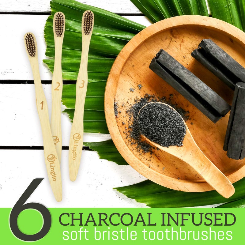 Lingito 6-Pack Natural Charcoal Bamboo Toothbrushes | BPA Free Soft Bristles | Compostable, Eco Friendly, Natural, Organic & Vegan Toothbrush Pack | Individually Packaged & Numbered Active Brushes - Image 3